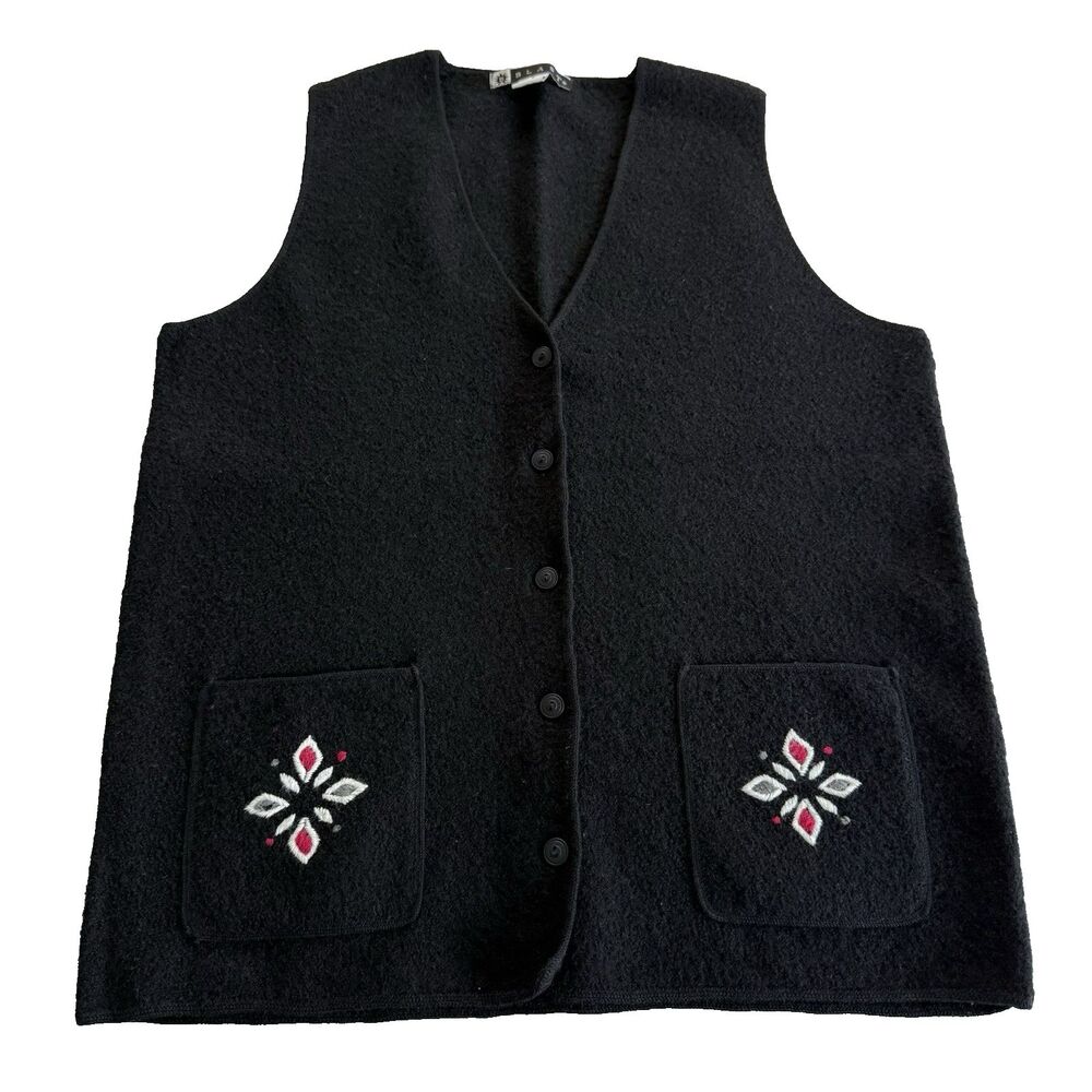 Vtg Women's 100% Wool Long Sweater Vest Black Embroidered Red Granny Blast Sz S